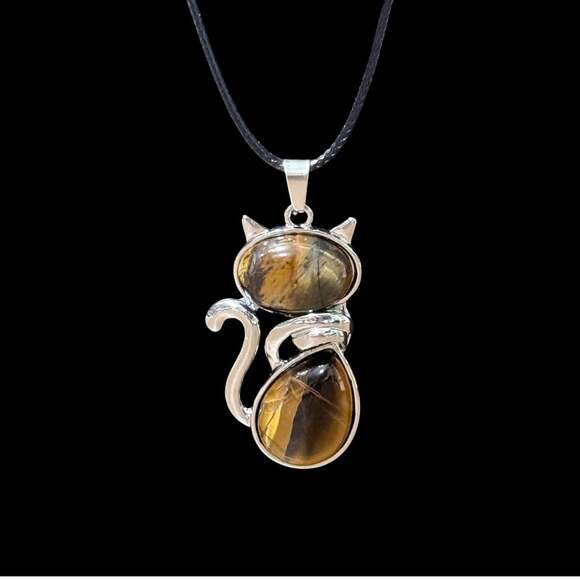Unbranded Jewelry - Tiger’s Eye Crystal Cat Pendant Black Cord Necklace